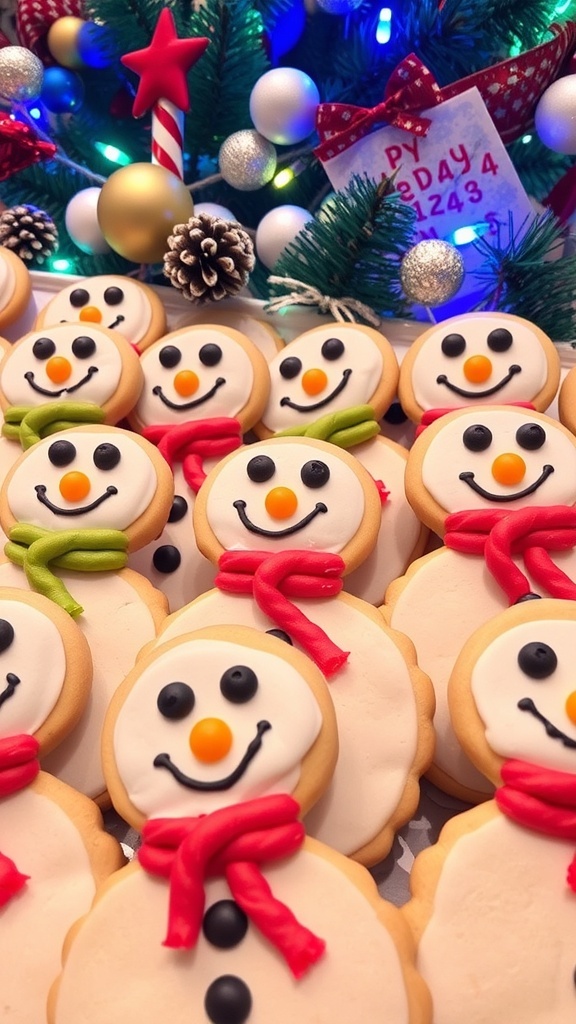 Snowman Christmas Cookies Recipe Decorated snowman cookies with icing and candy on a festive table.